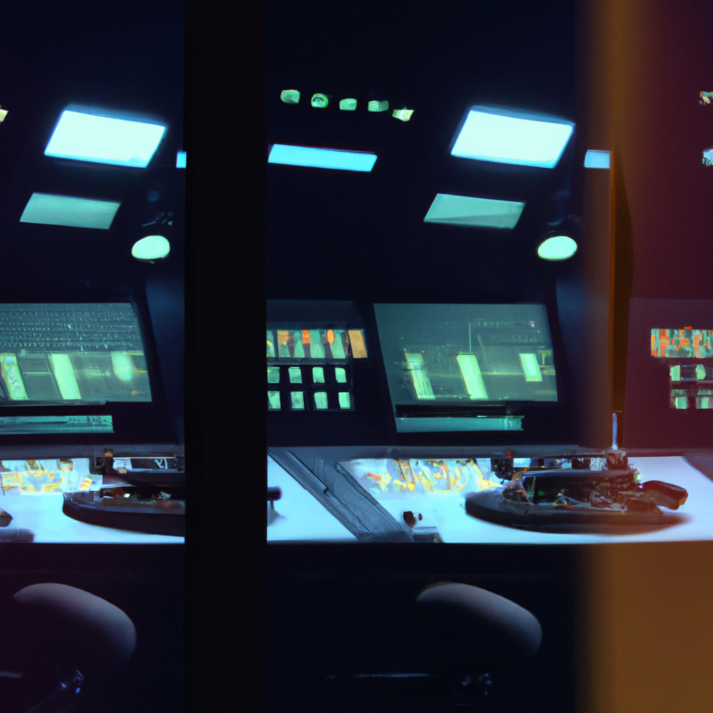 Ultra-clean control room with LED wall, SDI router, calibrated monitors and subtle glass reflections, minimalist, cinematic lighting